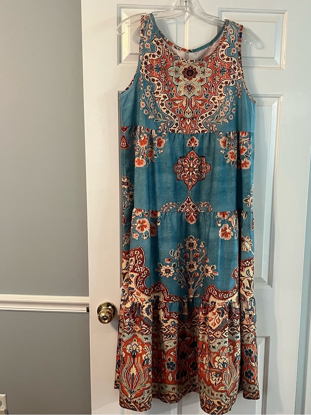 SHEIN Teal Maxi Dress with Rust and Cream Paisley Print